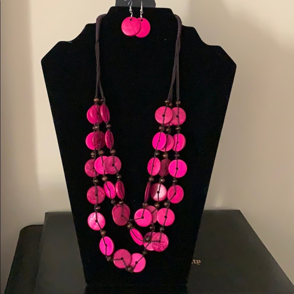 Passion Pink Wooden Necklace and Earring Set